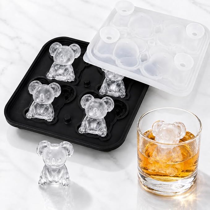 Koala Ice Cube Tray Mold - Cute Fun Whiskey Ice Molds Gifts for Women Men | 3D Koala Shape Cute Ice Molds for Whiskey Bourbon, 4-Hole Large Fun Shapes Funny Gifts, for Animals Lovers Women Men
