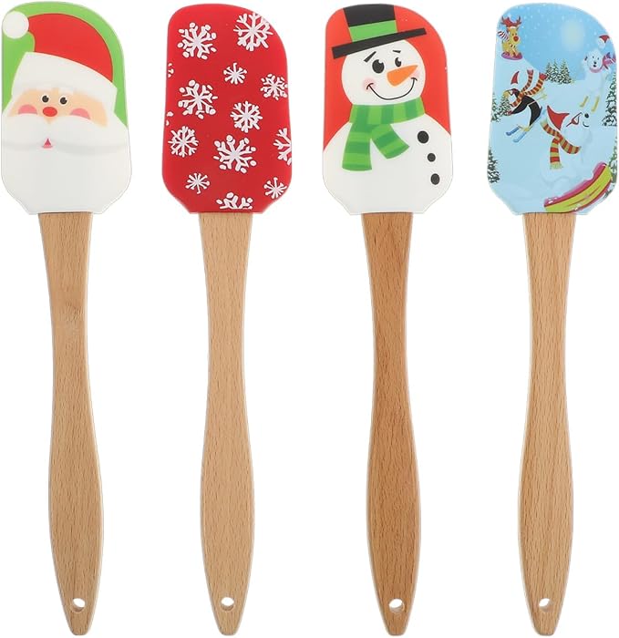Christmas Spatula Set, 4 Pieces Kitchen Christmas Silicone Spatula Set with Wooden Handle for Baking Cooking and Christmas (Assorted Color)