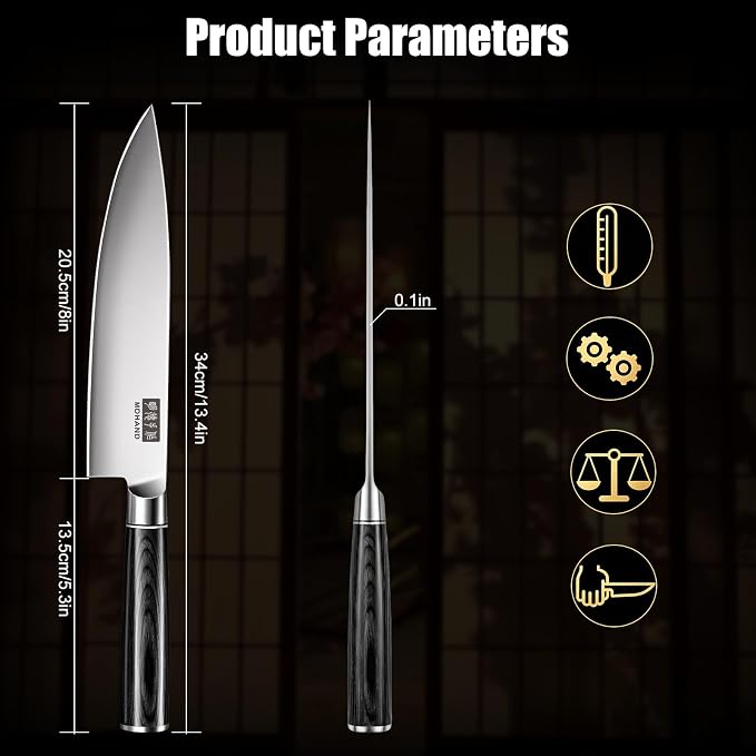 MDHAND Chef Knife, 8 Inch High Carbon Stainless Steel Japanese Kitchen Knife with Black Pakkawood Handle, Ultra Sharp Cooking Knife for Meat Vegetable Cutting, Home & Restaurant, Chef Gifts