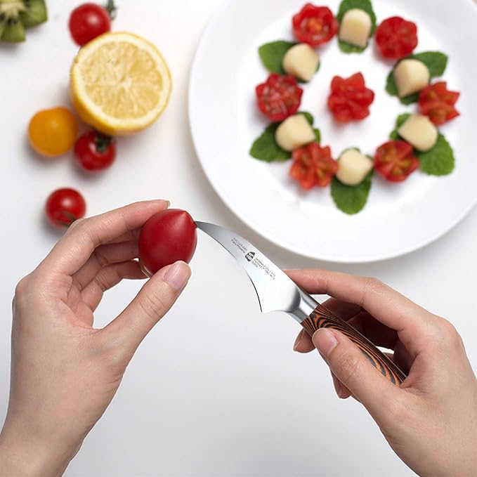 TUO Bird Beak Paring Knife, 2.5 inch Handy Peeling Knife, Curved Small Blade for Fruit & Vegetable, German Stainless Steel, Ergonomic Pakkawood Handle - Fiery Series