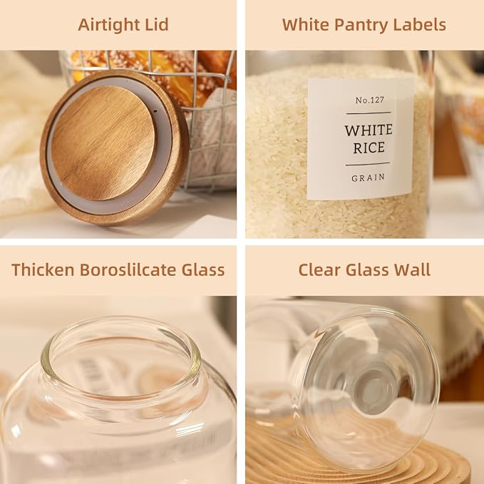 2 Pack Glass Food Storage Containers with Airtight Acacia Lids and 132 Kitchen Pantey Labels Preprint - 67 LF OZ Borosilicate Glass Canister Sets for Food,Coffee,Cookie,Tea,Candy,Sugar