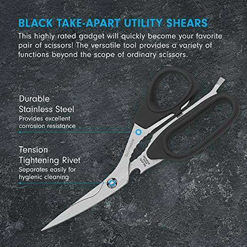 Messermeister 8.5-Inch Take-Apart Utility Shears, Black - Includes Screwdriver, Nut Cracker, Jar Lid Opener/Gripper, Bottle Opener & Bone + Twig Cutter - Suitable for Right-Handed Users