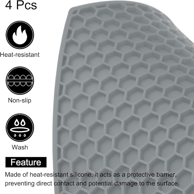 uxcell 4pcs Silicone Trivet Mats Heat Resistant Silicone Pot Holders for Hot Pots and Pans, Non-Slip Hot Pads for Kitchen Hot Dishes Table Countertops, Grey(Hexagonal)