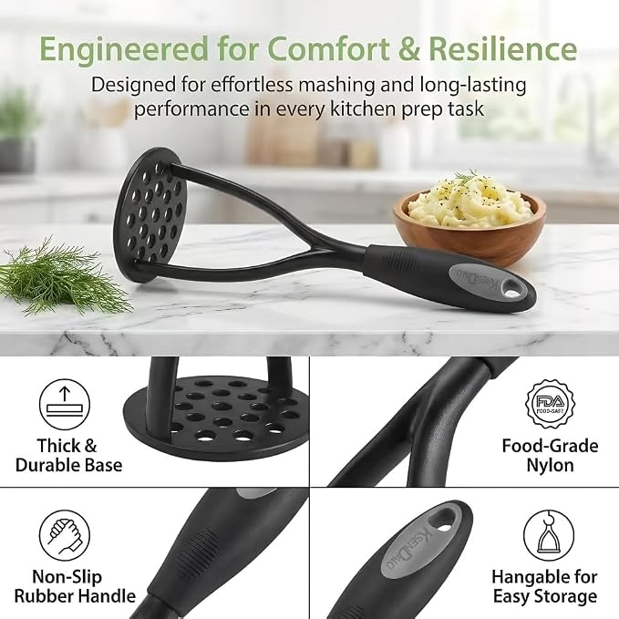 KSENDALO 2 Pack Potato Masher, Bean Smasher for Kitchen, Black | Nonstick Food Masher, 0,2inch Thick Nylon 3.5inch Diameter Round Blade, Rubber Wrapped Comfortable Handle, Hand Wash