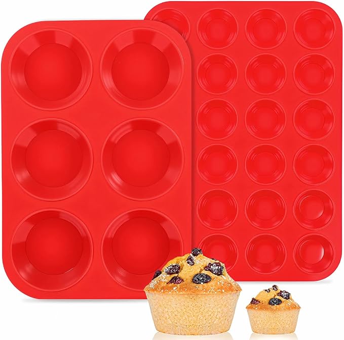 CAKETIME Silicone Muffin Pans for Baking, 2 Packs Jumbo 6 Cups and Mini 24 Cups for Baking Muffins, Cupcakes, Egg Bites, and Frittatas
