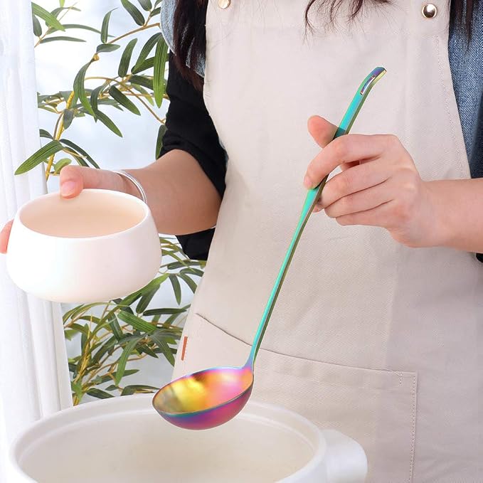 Buyer Star 2 Pcs Soup Ladle Spoons,Rainbow Cookware Serving Long Handle Steel Slotted Spoon Cooking Utensil Set for Hotpot