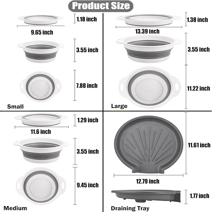 Collapsible Colanders Food Strainers, 3-Pack Foldable Kitchen Strainers with Over-Sink Water Draining Tray, Space Saving Kitchen Drainer for Vegetables, Fruit, Pasta and Rice (White-Gray)