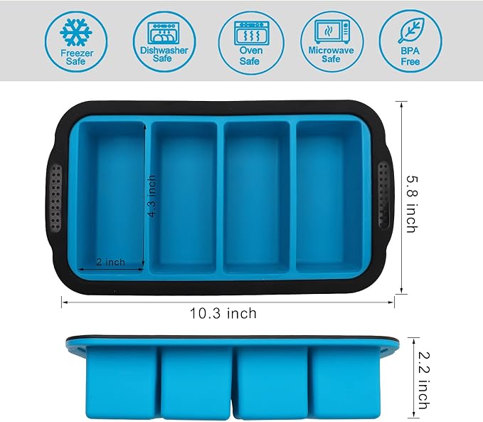 Aichoof 1 Cup Extra Large Silicone Cube Freezing Trays with Silicone lid for soup saver, Silicone Freezer Container for broth,sauce or butter -makes 4 great portions 1cup ice Cube(2 PACK, Blue)