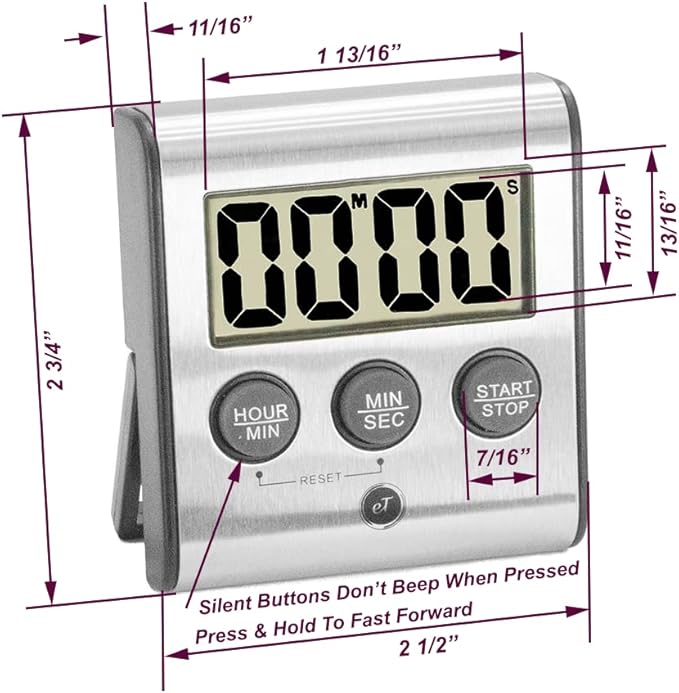 Elegant Digital Kitchen Timer Stainless Steel - Loud Alarm - Model eT-78