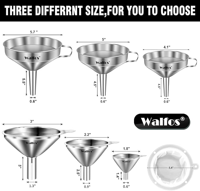 Stainless Steel Funnel, Walfos 6 Different Sizes of Kitchen funnels with 2 Removable Strainer ＆ 1Pcs Cleaning Brush, 200 Mesh Food Filter Strainer,for Transferring of Liquid, Oils, Jam, Powder