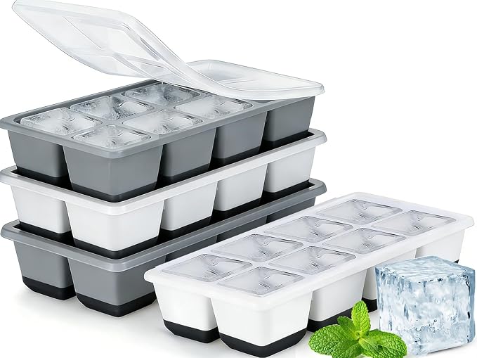 Large Ice Cube Trays with Lid, Jrisbo 2 Pack Stackable Silicone Ice Cube Molds for Freezer, Easy Release 16 Big Square Ice Trays for Whisky Cocktails (2 Black2 Gray)