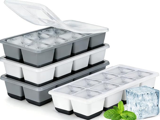 Large Ice Cube Trays with Lid, Jrisbo 2 Pack Stackable Silicone Ice Cube Molds for Freezer, Easy Release 16 Big Square Ice Trays for Whisky Cocktails (2 Black2 Gray)
