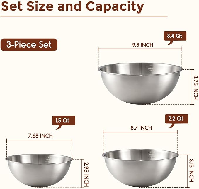Gronivex Stainless Steel Mixing Bowls Set, 3-Piece (1.5, 2.2 & 3.4 Qt) | Food-Grade Metal, Dishwasher safe，Stackable Nesting & Space-Saving – For Kitchen Baking, Salads, Meal Prep, RV & Camping