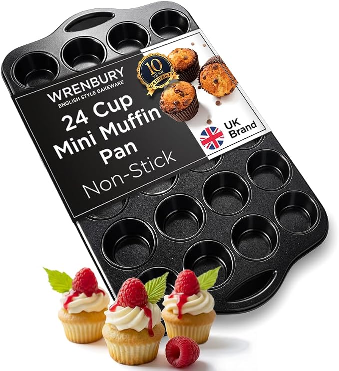 Wrenbury 24-Cup Mini Muffin Pan - PFOA-Free Non-Stick, Premium Carbon Steel | 1.8" Cups, Dishwasher Oven and Freezer Safe, Heavy Gauge