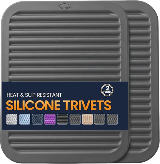 Silicone Trivet Mats 2 Heat Resistant Pot Holders Multipurpose Non-Slip Hot Pads for Kitchen Potholders, Drying mat, Jar Opener, Spoon Holder, Coaster(Dim Grey)