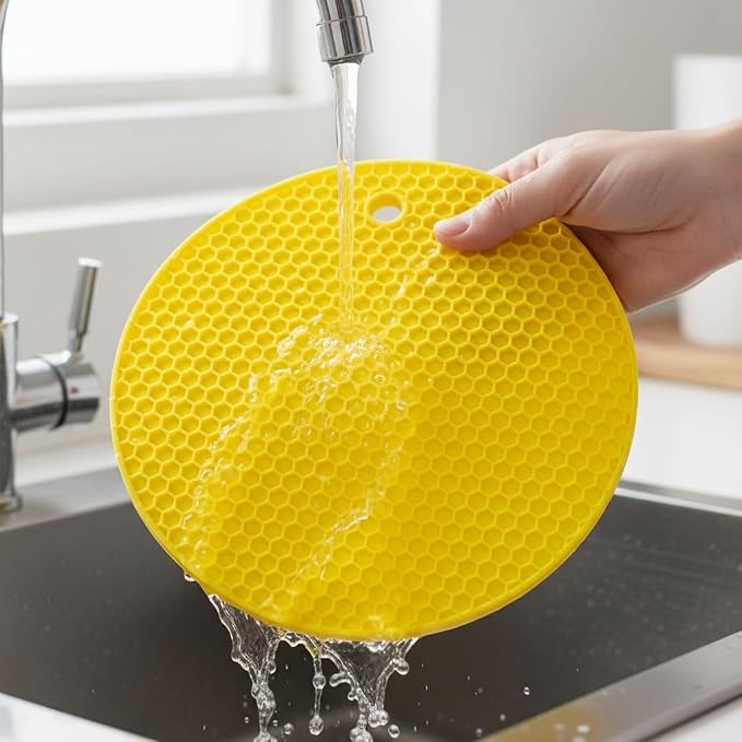 6-Pack Silicone Trivet Mats, Heat Resistant Hot Pads, Dishwasher Safe Kitchen Mats, BPA-Free Pot Holders for Table, Countertop, Stove, Honeycomb Design (Yellow, 7“ Round)