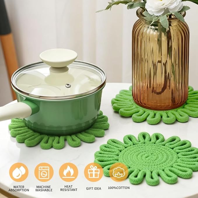 Kitchen Trivets for Hot Dishes Potholders for Countertop Hot Pads Hot Mats or Trivets for Hot Pots and Pans Home Essentials Boho Farmhouse Kitchen Decor Set of 3, 100% Cotton,7.5" (Olive Green)
