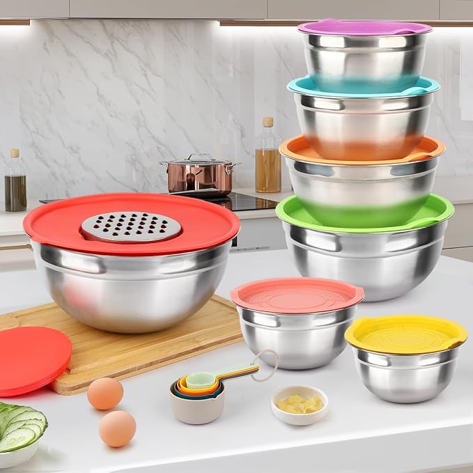 JUJOJB Mixing Bowls With Lids Set,Stainless Steel Mixing Bowls Set With 3 Grater,Metal Nesting Bowls For Kitchen Baking Refrigerator Meal Prep Food Organizer,7 Size(Multicolor)