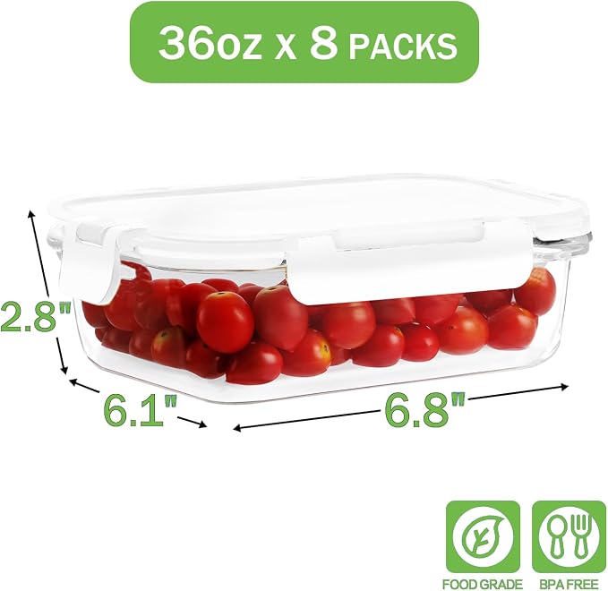 8-Pack 36oz Large Glass Meal Prep Containers with Leakproof Snap-Lock Lids | Borosilicate Glass Food Storage Containers and Bento Boxes , BPA-Free, Oven, Freezer and Dishwasher Safe-White