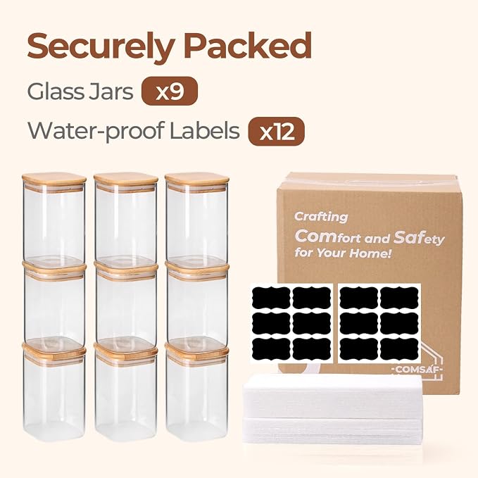 ComSaf Square Glass Containers With Lids 1.2 Qt, Set of 9 Pantry Galss Jars | Food Storage Jar, Kitchen Canisters, Storage Container, Bamboo Lid with Silicone Seal, Cookie, Flour, Spice, Coffee, BPA Free