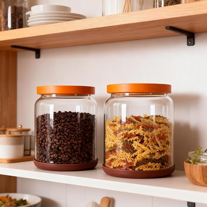 SAIOOL 2-Pack Striped Borosilicate Glass Airtight Canisters - Big mouth Large Capacity, Acacia Wood Lid, Food Storage Jars for Flour, Pasta, Pantry Organization (1/2 Gallon （Yellow Press lid 2 pack）)