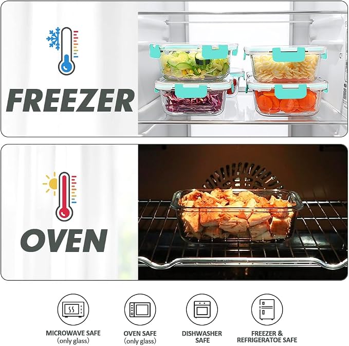 VERONES 12 Packs Glass Food Storage Containers Set with Lids, Green | Airtight Glass Lunch Containers, Glass Meal Prep Containers with Lids, for Microwave, Oven, Freezer & Dishwasher Friendly