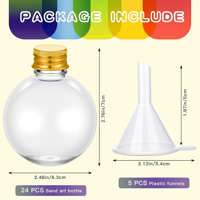 Layhit 24 Pcs Spherical Plastic Potion Bottles Ball Shape Round Bottles 3.4 oz Sand Art Jar with 5 Funnels Decorative ‌container Candy Jar for Valentines Birthday DIY Crafts(Gold,Aluminum Lid)