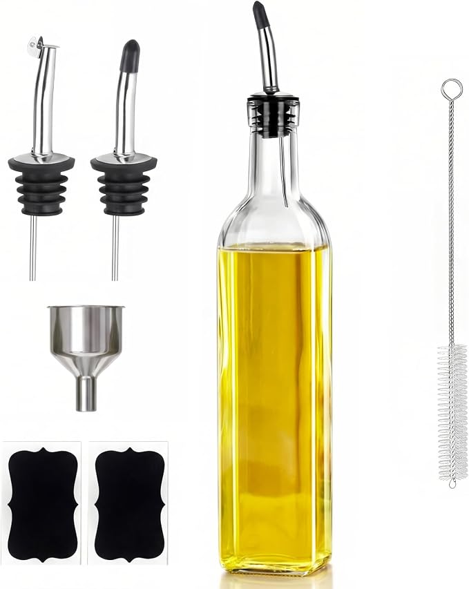 Olive Oil Dispenser Bottle - 500ml Glass Oil and Vinegar Bottles Set for Kitchen with 2 Stainless Steel Pourers, Funnel, Brush and 2 Labels, Kitchen Oil Bottles with Drip-Free Design