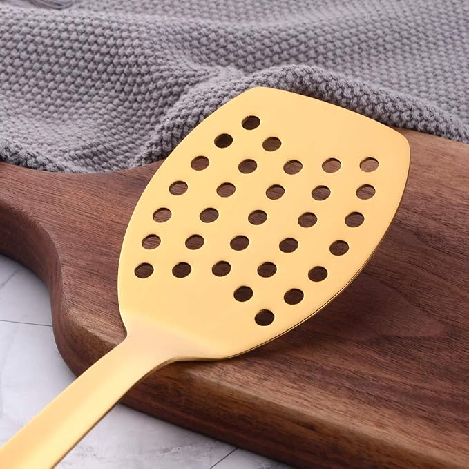 6 Pcs Gold Slotted Turner, Stainless Steel Titanium Plated Spatula, Ergonomic Integral Forming Long Handle-Dishwasher Safe(13 inches/33.2cm)