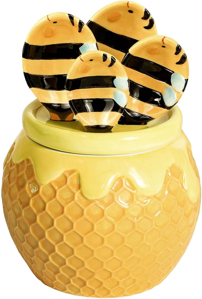 Ceramic Bee and HoneyComb Measuring Spoons Set for Dry or Liquid with Measuring Cup Set, 4 PCS Kitchen Measuring Baking Spoons Cooking Measuring Spoons for Kitchen Baking Tool Utensil Set