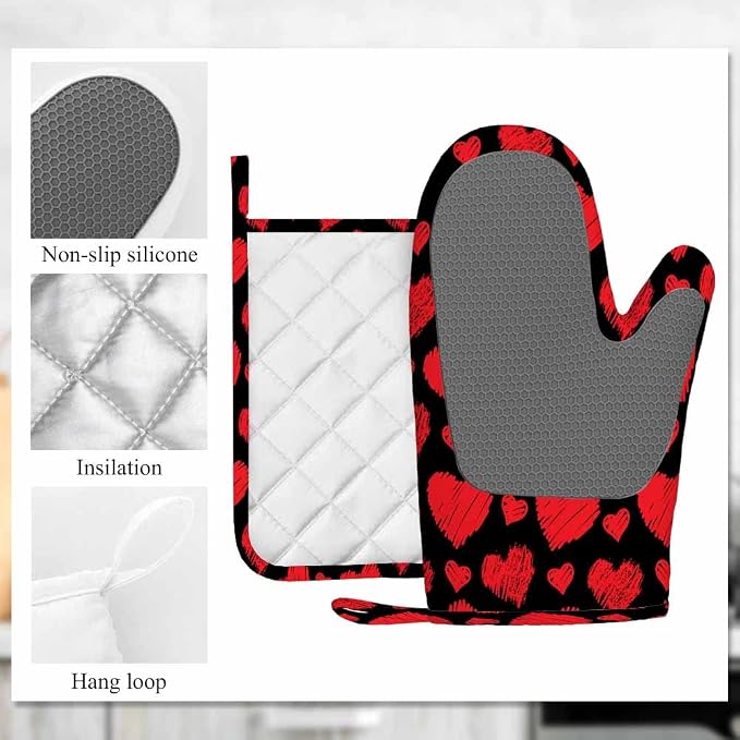 Mxocom Red Hearts Heat-Resistant Oven Mitts and Pot Holder Line Hearts on Black Background Kitchen Non-Slip Cooking Microwave Gloves for Cooking Baking Grilling