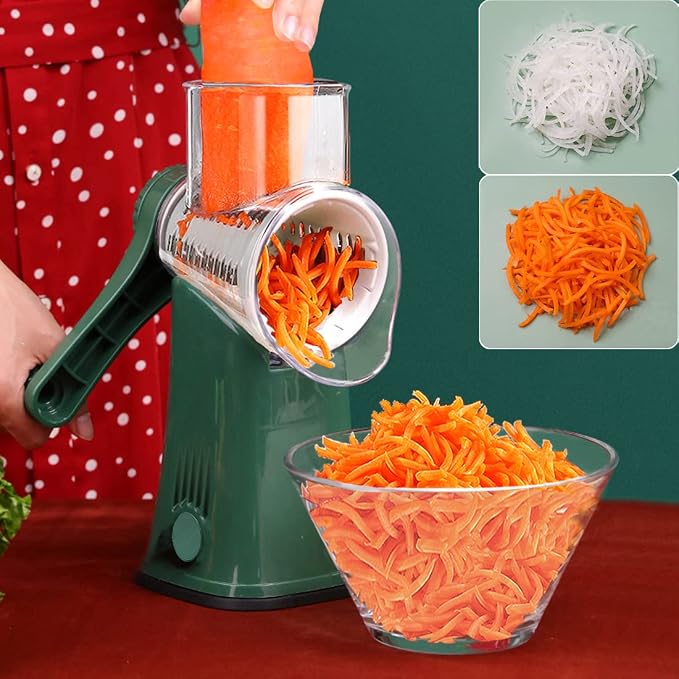 Manual Rotary Cheese Grater Grinder- 5 Interchangeable Blades Round Mandoline Vegetable Slicer Drum Shredder Nut Chopper with Strong Suction Base