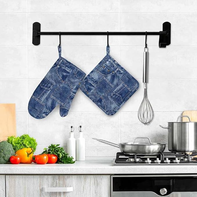 Mxocom Denim Patchwork Texture Silicone Oven Mitts and Pot Holders Sets BBQ Gloves for Kitchen,Cooking,Baking,Grilling