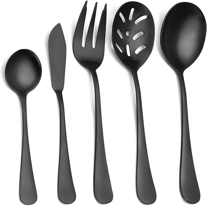 Matte Black Serving Set，SHARECOOK 5-Piece 18/0 Stainless Steel Large Hostess Set with Round Edge, Satin Finished, Dishwasher Safe -Spoons, Forks,Butter Knife& Slotted Spoon