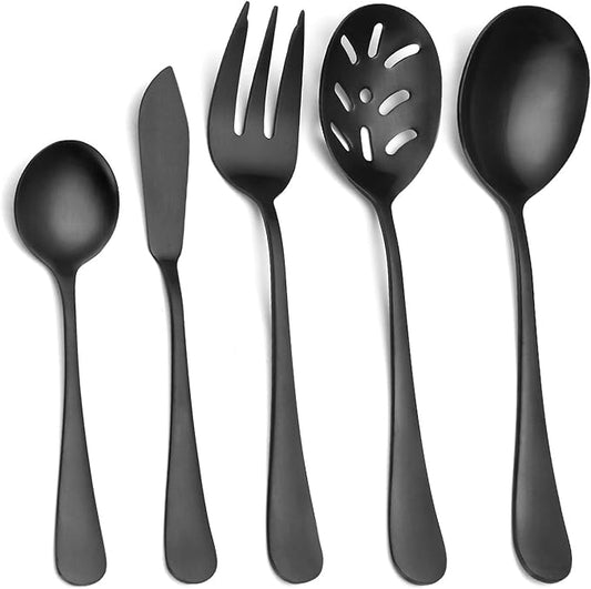 Matte Black Serving Set，SHARECOOK 5-Piece 18/0 Stainless Steel Large Hostess Set with Round Edge, Satin Finished, Dishwasher Safe -Spoons, Forks,Butter Knife& Slotted Spoon
