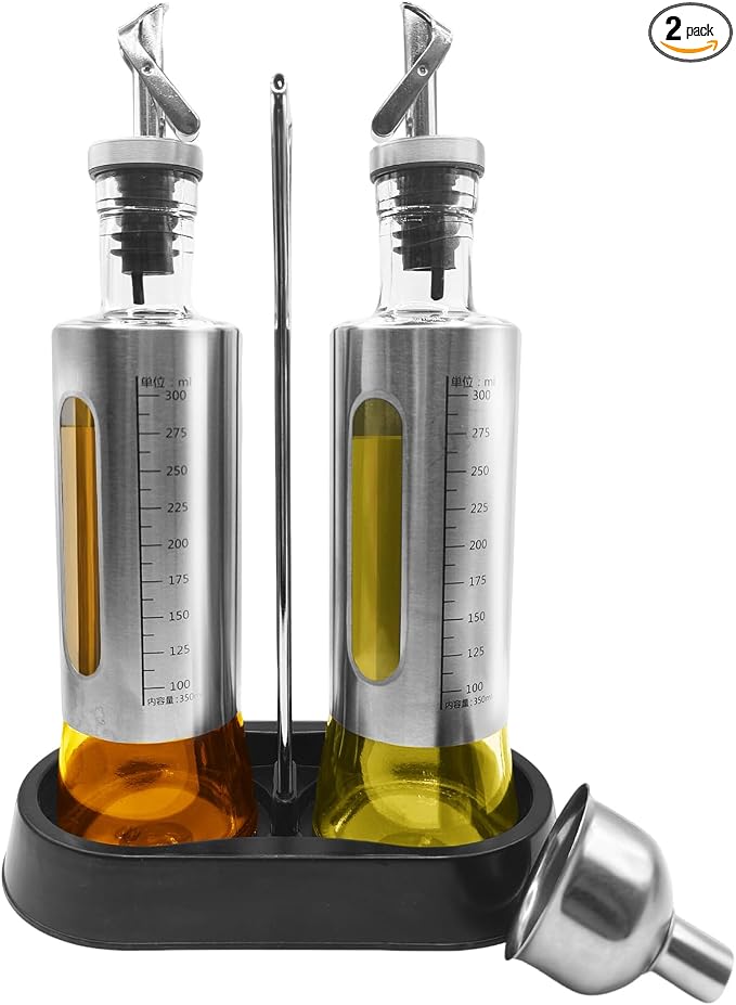 10oz/300 ml Oil and Vinegar Dispenser Set with Tray, 2 Pack Oil Dispenser | Vinegar and Sauce Bottle Wrapped in Stainless Steel Shell with Pourer and Funnel for Kitchen Cooking