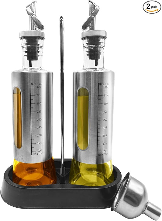 10oz/300 ml Oil and Vinegar Dispenser Set with Tray, 2 Pack Oil Dispenser | Vinegar and Sauce Bottle Wrapped in Stainless Steel Shell with Pourer and Funnel for Kitchen Cooking