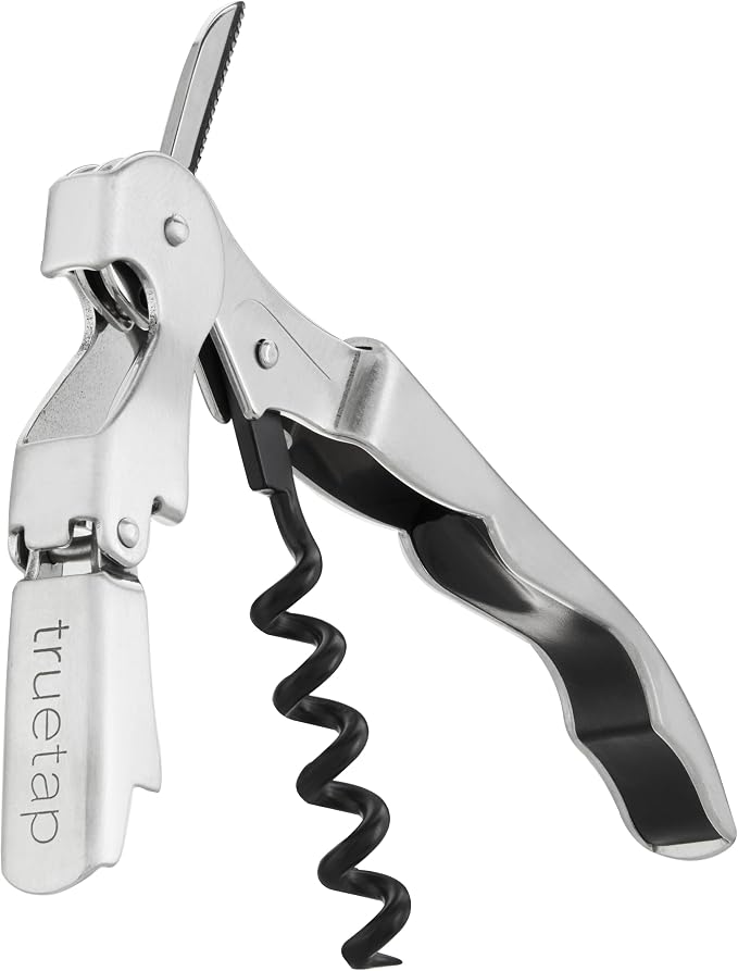 True Truetap Double Hinged Waiter's Corkscrew Wine Opener, Stainless Steel Wine Bottle Opener with Built In Foil Cutter, Home Bar Tools, Bar Cart Accessories, Wedding Gifts, Set of 1, Silver