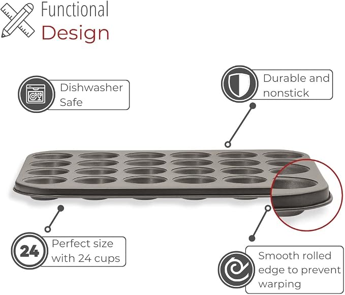 husMait 24-Cup Mini Muffin Pan - Non-Stick Carbon Steel Mini Cupcake Pan - Heavy Duty Metal Baking Tray, Warp-Resistant, PFOA Free & Dishwasher Safe