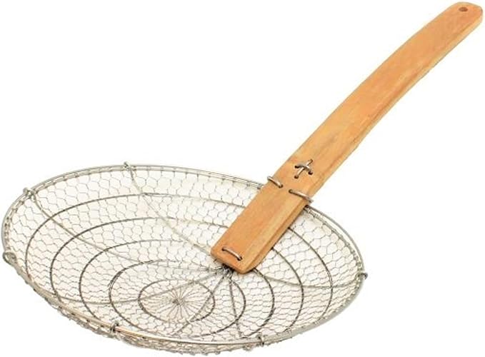 TrueCraftware- 10” Fine Mesh Skimmer Galvanized Steel with Natural Bamboo Handle- Spider Strainer Ladle Kitchen Frying Food Pasta Spaghetti for Cooking and Frying Pasta Strainer Spoon