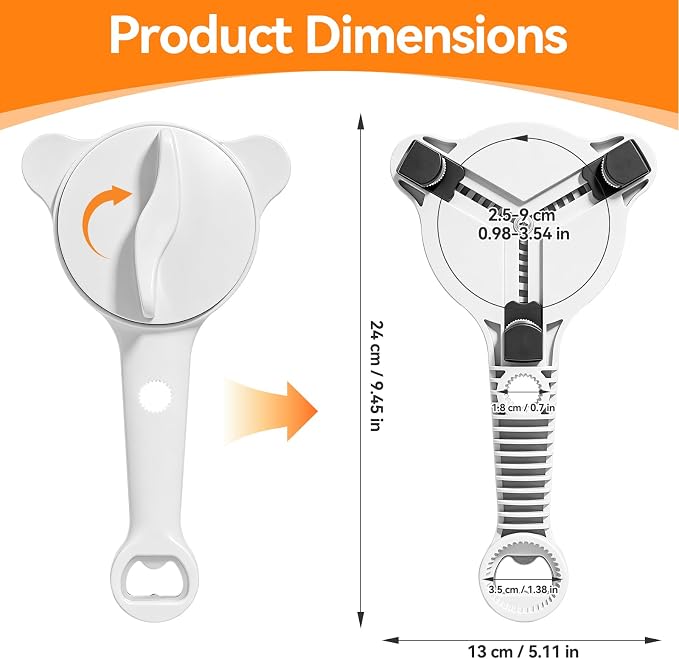 4-In-1 Jar Opener for Weak Hands & Seniors, Adjustable Fits Lid 0.98-3.54In | Effortlessly Opens Stubborn Screw Lids & Bottle Caps. White Jar Lid Opener, 3 Stainless Steel Claws, Kitchen Gifts For Women