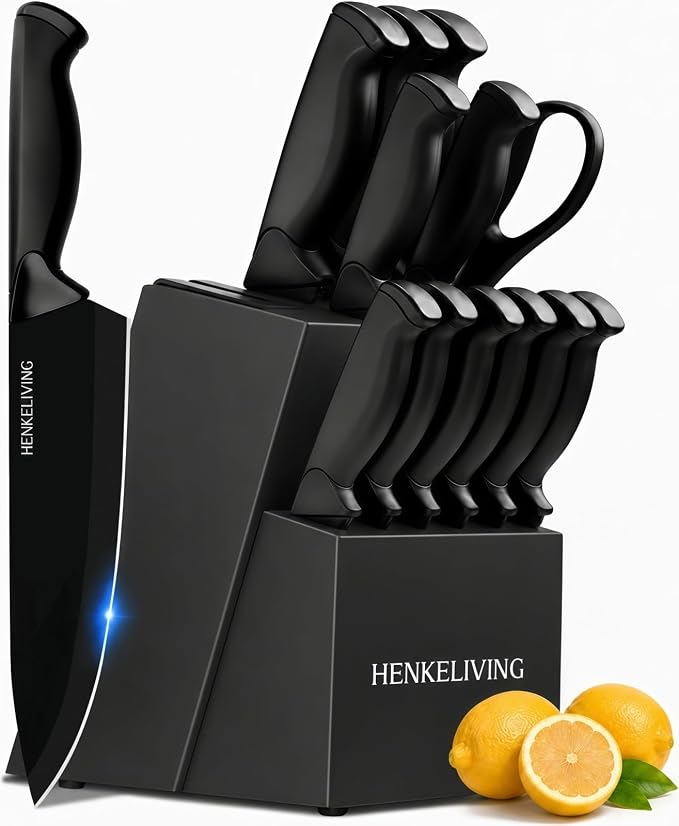 Knife Set, 14-Piece Black Dishwasher Safe Kitchen Knife Block Set with Built-In Sharpener, German High Carbon Stainless Steel Blades, Ultra Sharp Knives with Ergonomic Non-Slip Handles
