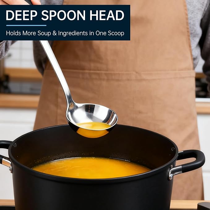 Safring Stainless Steel Soup Ladle and Spaghetti Spoon Set, Heat Resistant Rubber Handle, Dishwasher Safe, Kitchen Utensils for Cooking, Stirring, Serving Pasta, Soup & Sauce (black)