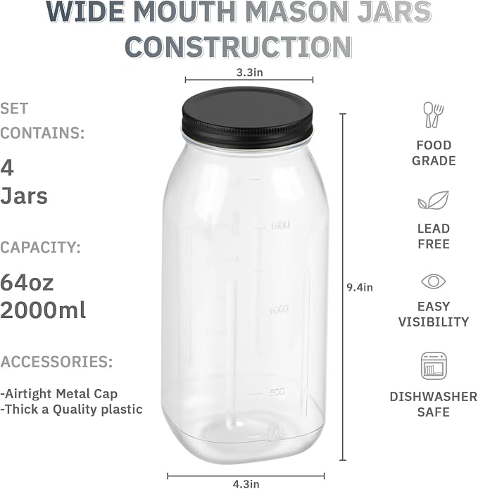 novelinks 64 oz Large Plastic Mason Jars with Airtight Lids Wide Mouth | 3 Pack, Black, Storage Jars with Airtight Lids, Mason Jars 64oz, Big Jars Wide Mouth, Plastic Storage Containers for Pantry