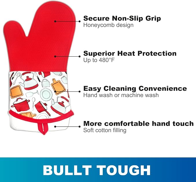 LYART Heat Resistant Silicone Oven Mitts and Hot Pads Set, Non-Slip with Cotton Lining, for Kitchen Baking Cooking BBQ (Red, 1pair Mitts + 1pair Pads)