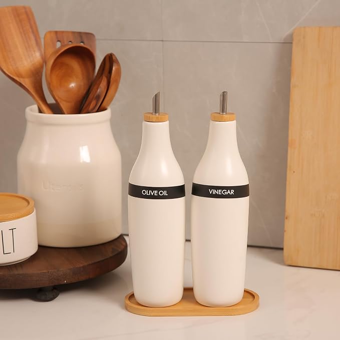 HOMCDALY Olive Oil and Vinegar Dispenser Set, Two 16oz Ceramic Oil Dispenser for Kitchen, Kitchen Dispenser Bottle for EVOO Vinegar Syrups, Modern Farmhouse Design| Set of 2 – white