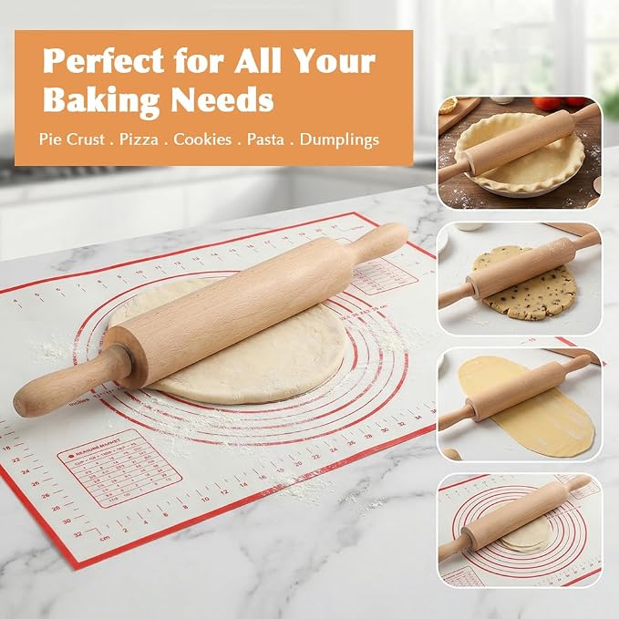 Wood Rolling Pin with Silicone Baking Mat Wood Base, Non Stick Dough Roller with Handle, Fondant Roller Beech Rolling Pins for Baking Pizza Pastry Bread Cookies