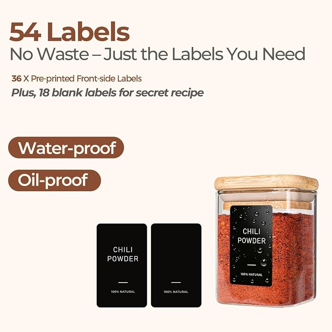 ComSaf Spice Jars 4oz 16 Pack, Seasoning Containers with labels 54 Labels | Small Glass Jars, Bamboo Lid with Silicone Seal, Kitchen Spice Drawer Organizer, Loose Tea,Herbs,Powders,Salt,Chili, BPA Free