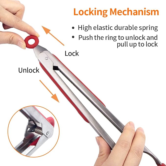 Webake Kitchen Tongs Set of 2 Silicone Tongs in Pinch Test Grade, 12 Inch Salad Tongs Cooking Tongs with Silicone Tips IP Accessories, Metal Tongs for Cooking, Grilling, BBQ and Serving - Black & Red