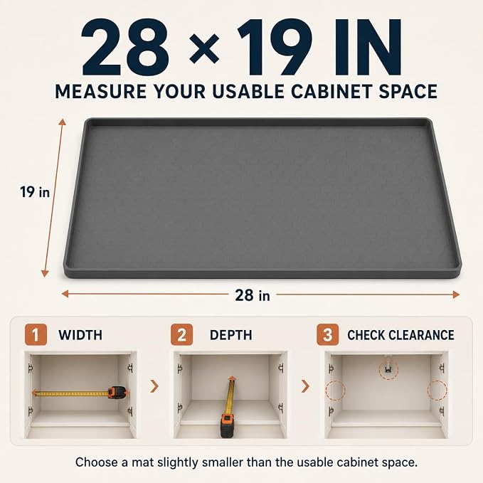 28"x19" Silicone Under Sink Mat for Bathroom/Kitchen Cabinet Organizer Mat | Leak-Proof Waterproof Liner Pad & Anti-Spill Tray | 0.7in Edge Barrier, 3.5Gal Capacity